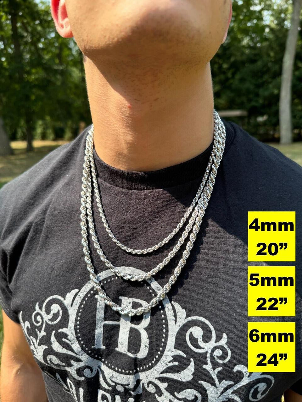 Rope Chain Necklace -  Rhodium Finish 925 Sterling Silver - 16"-30" - 1.5mm-6mm