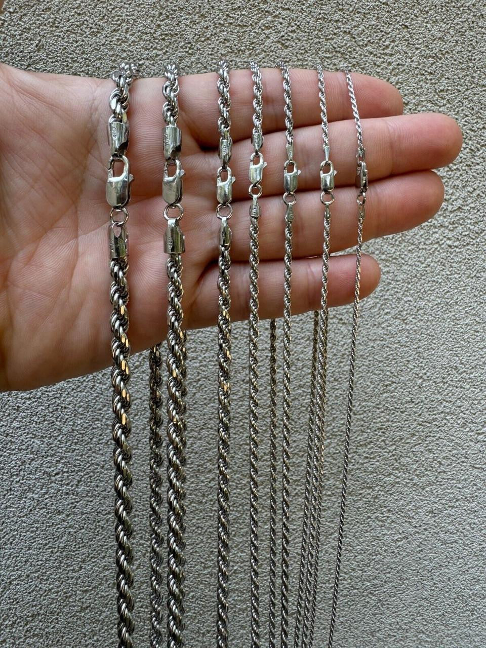 Rope Chain Necklace -  Rhodium Finish 925 Sterling Silver - 16"-30" - 1.5mm-6mm