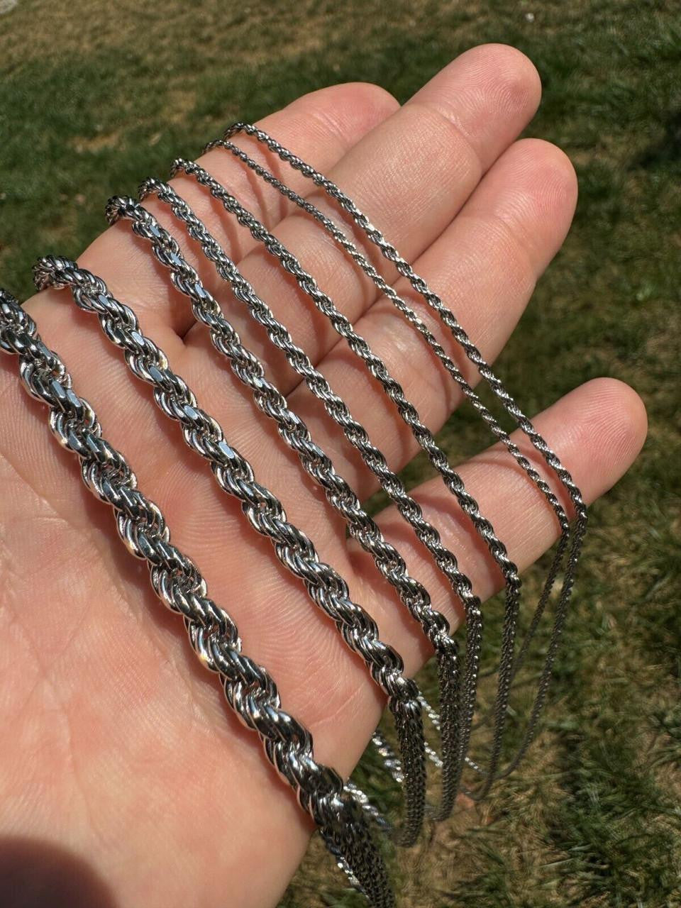 Rope Chain Necklace -  Rhodium Finish 925 Sterling Silver - 16"-30" - 1.5mm-6mm