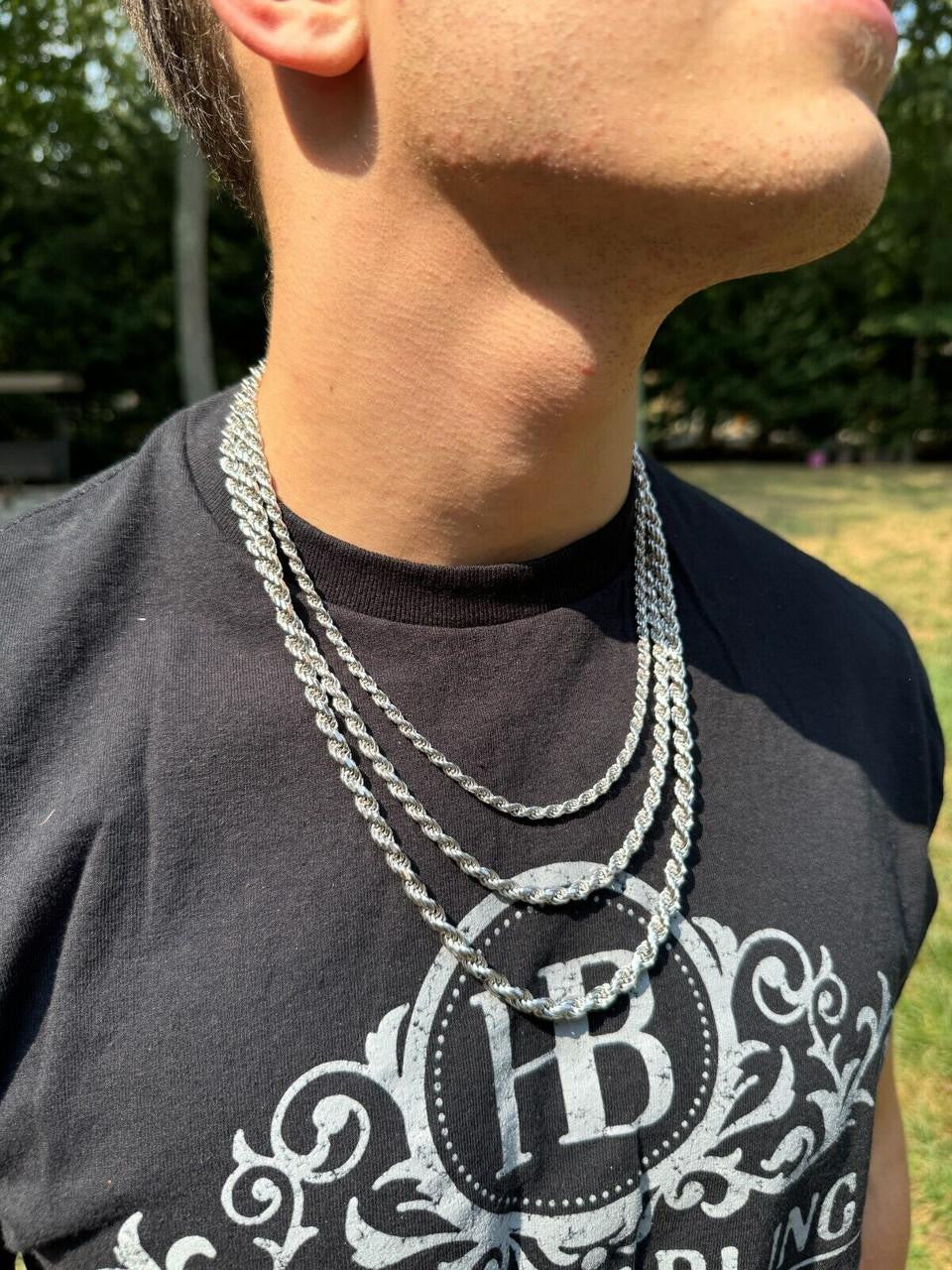 Rope Chain Necklace -  Rhodium Finish 925 Sterling Silver - 16"-30" - 1.5mm-6mm