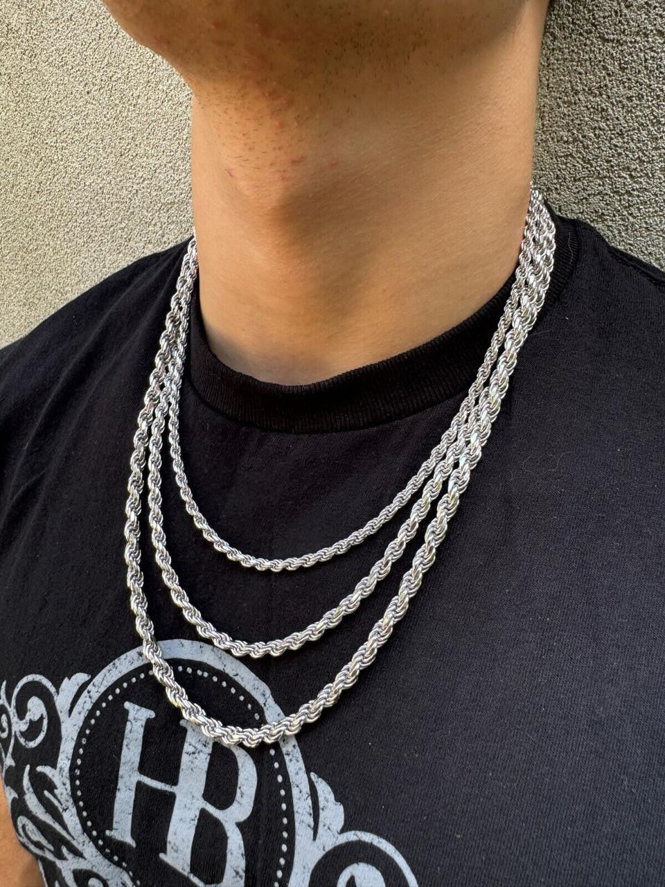 Rope Chain Necklace -  Rhodium Finish 925 Sterling Silver - 16"-30" - 1.5mm-6mm