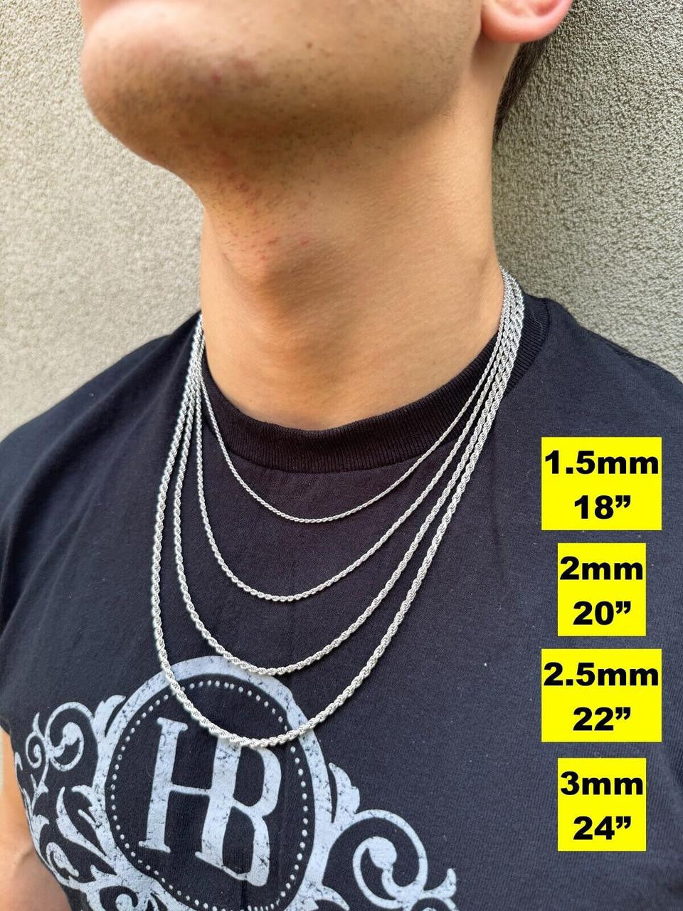 Rope Chain Necklace -  Rhodium Finish 925 Sterling Silver - 16"-30" - 1.5mm-6mm
