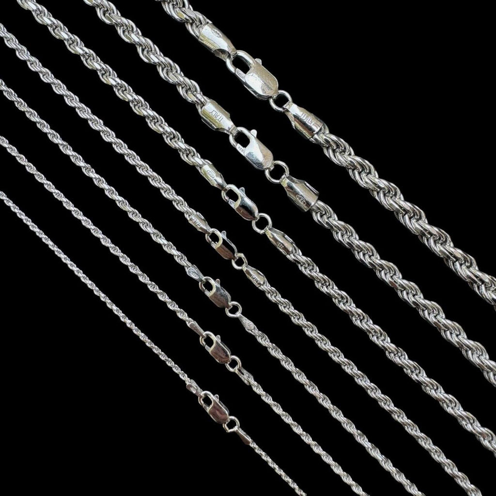 Rope Chain Necklace -  Rhodium Finish 925 Sterling Silver - 16"-30" - 1.5mm-6mm
