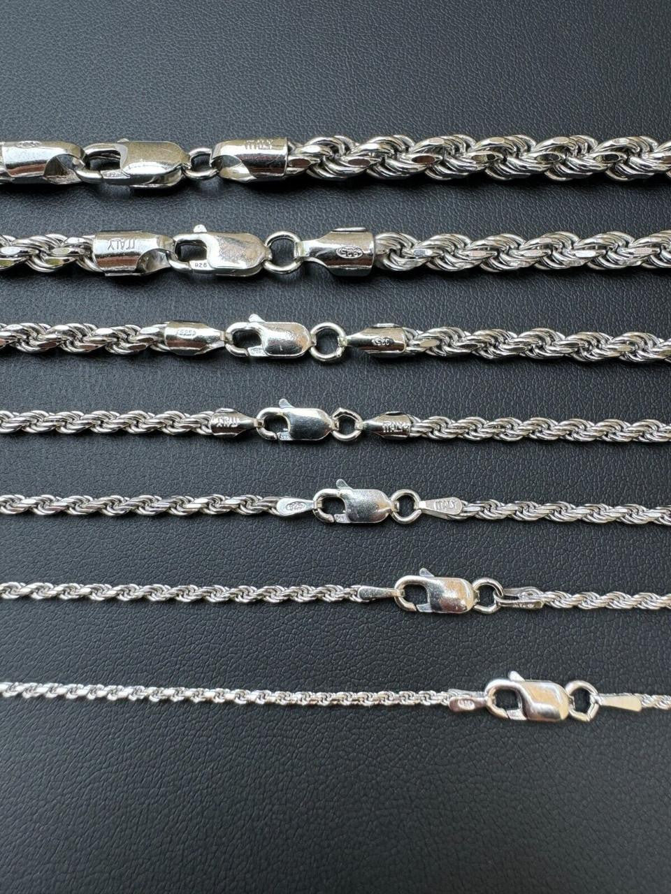 Rope Chain Necklace -  Rhodium Finish 925 Sterling Silver - 16"-30" - 1.5mm-6mm