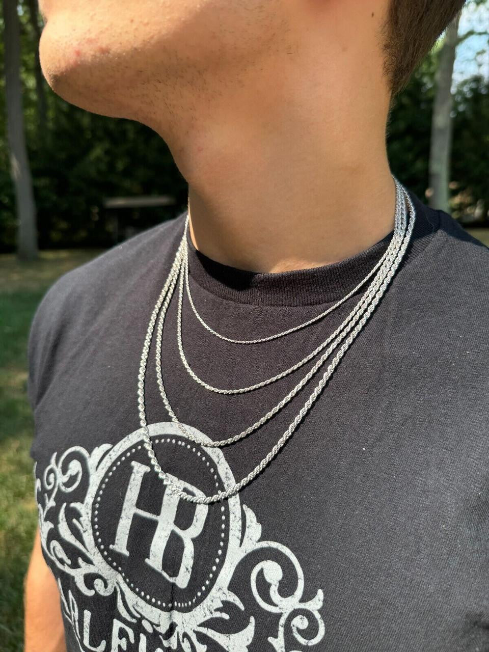 Rope Chain Necklace -  Rhodium Finish 925 Sterling Silver - 16"-30" - 1.5mm-6mm