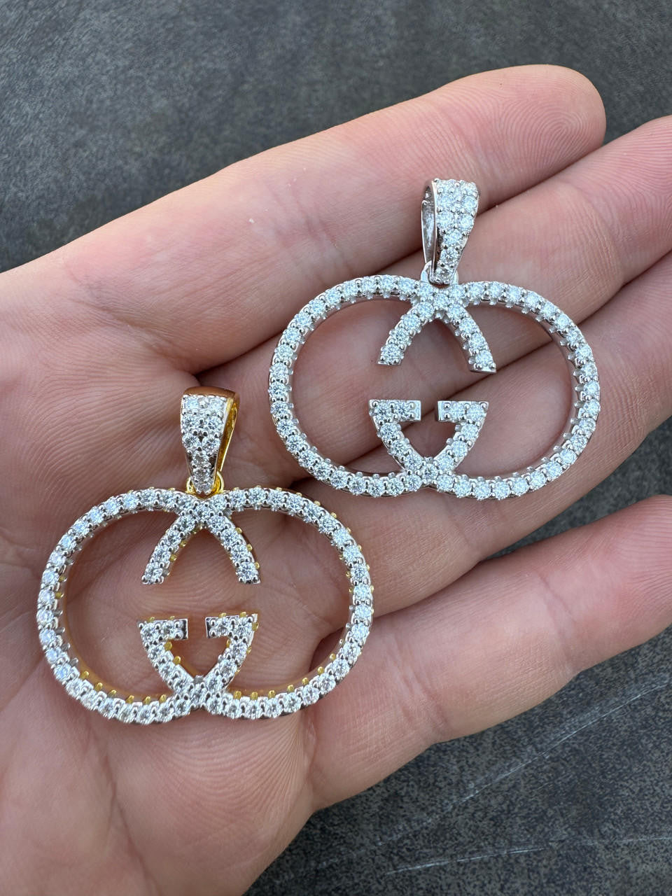 MOISSANITE Double G Iced Out Pendant - 14k Gold Vermeil Or 925 Silver - Small 1.5"