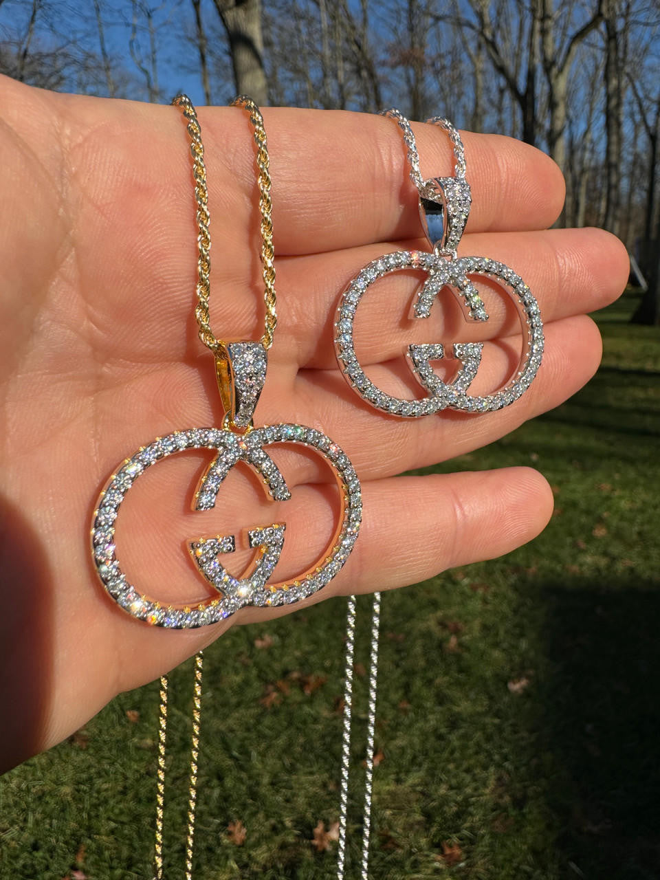 MOISSANITE Double G Iced Out Pendant - 14k Gold Vermeil Or 925 Silver - Small 1.5"