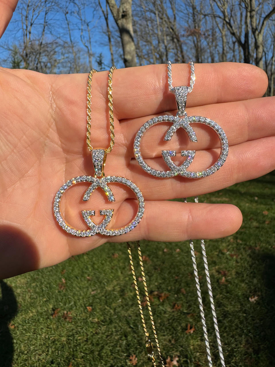 MOISSANITE Double G Iced Out Pendant - 14k Gold Vermeil Or 925 Silver - Small 1.5"