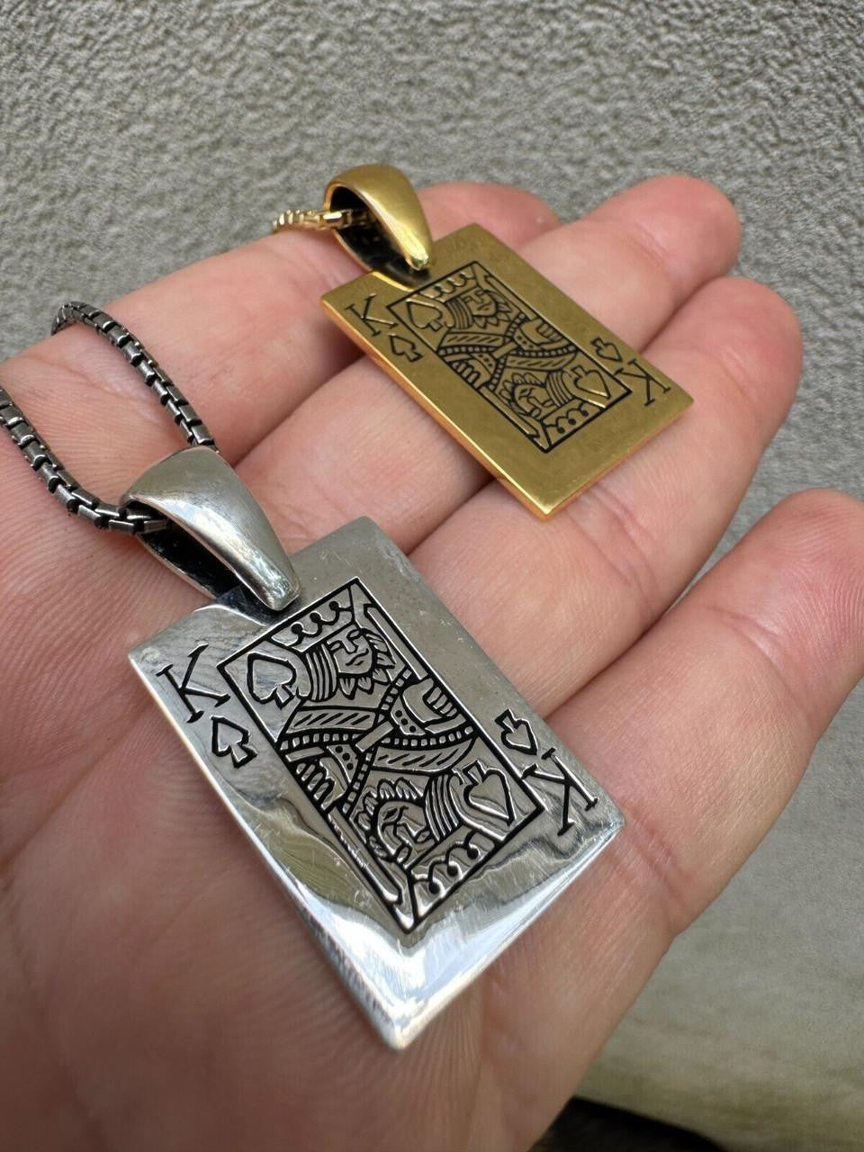 King Of Spades Card Pendant - 14k Gold Vermeil Or 925 Silver - Medium 2"