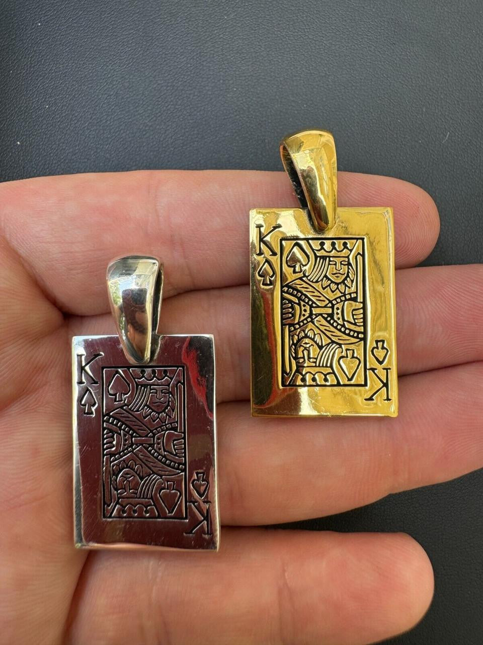 King Of Spades Card Pendant - 14k Gold Vermeil Or 925 Silver - Medium 2"