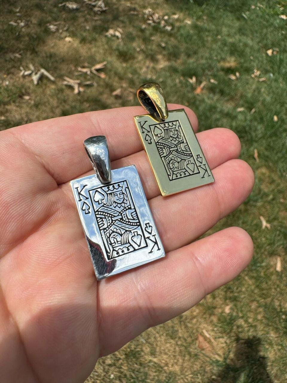 King Of Spades Card Pendant - 14k Gold Vermeil Or 925 Silver - Medium 2"