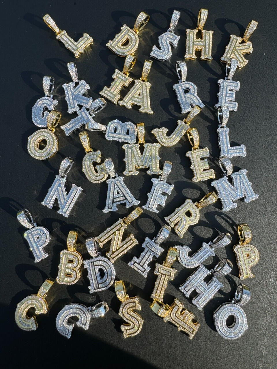 MOISSANITE A - Z Initials Gothic Letter Iced Out Pendant - 14k Yellow Gold Vermeil Or 925 Silver - Small 1.25"