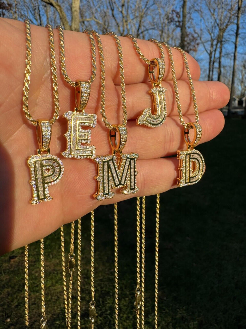 MOISSANITE A - Z Initials Gothic Letter Iced Out Pendant - 14k Yellow Gold Vermeil Or 925 Silver - Small 1.25"