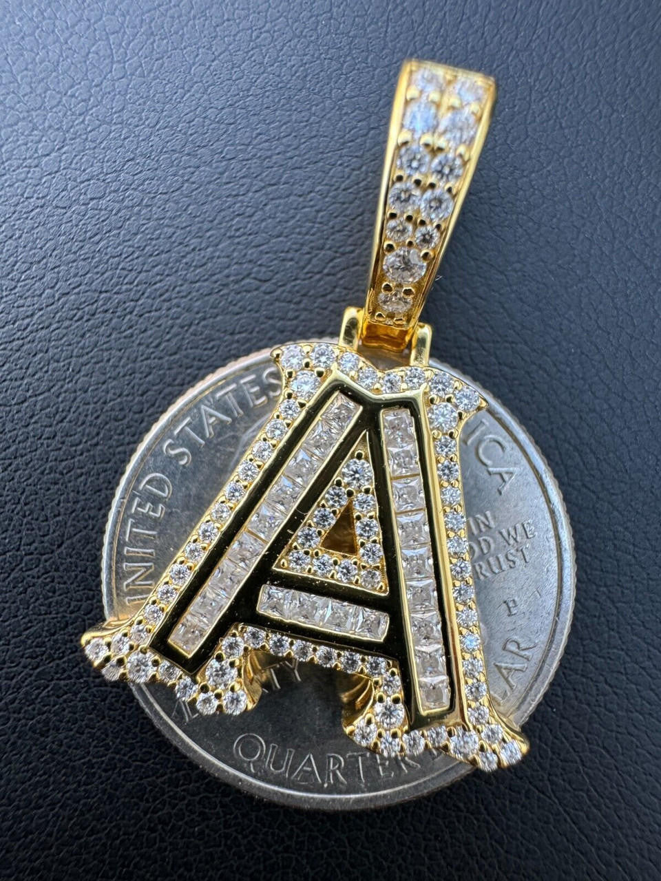 MOISSANITE A - Z Initials Gothic Letter Iced Out Pendant - 14k Yellow Gold Vermeil Or 925 Silver - Small 1.25"
