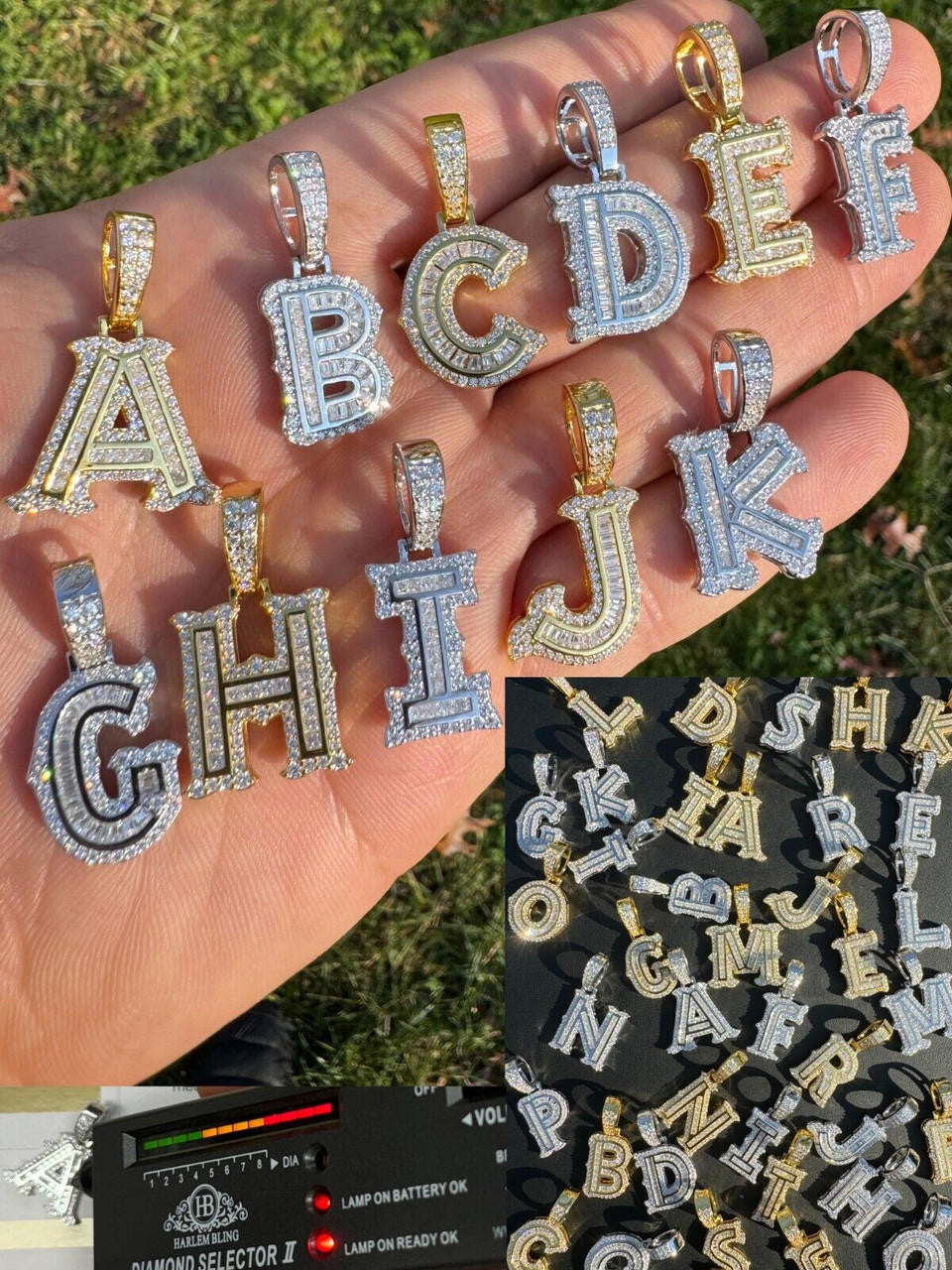 MOISSANITE A - Z Initials Gothic Letter Iced Out Pendant - 14k Yellow Gold Vermeil Or 925 Silver - Small 1.25"