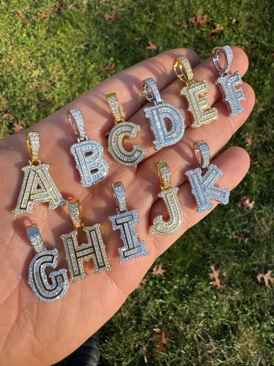 MOISSANITE A - Z Initials Gothic Letter Iced Out Pendant - 14k Yellow Gold Vermeil Or 925 Silver - Small 1.25"