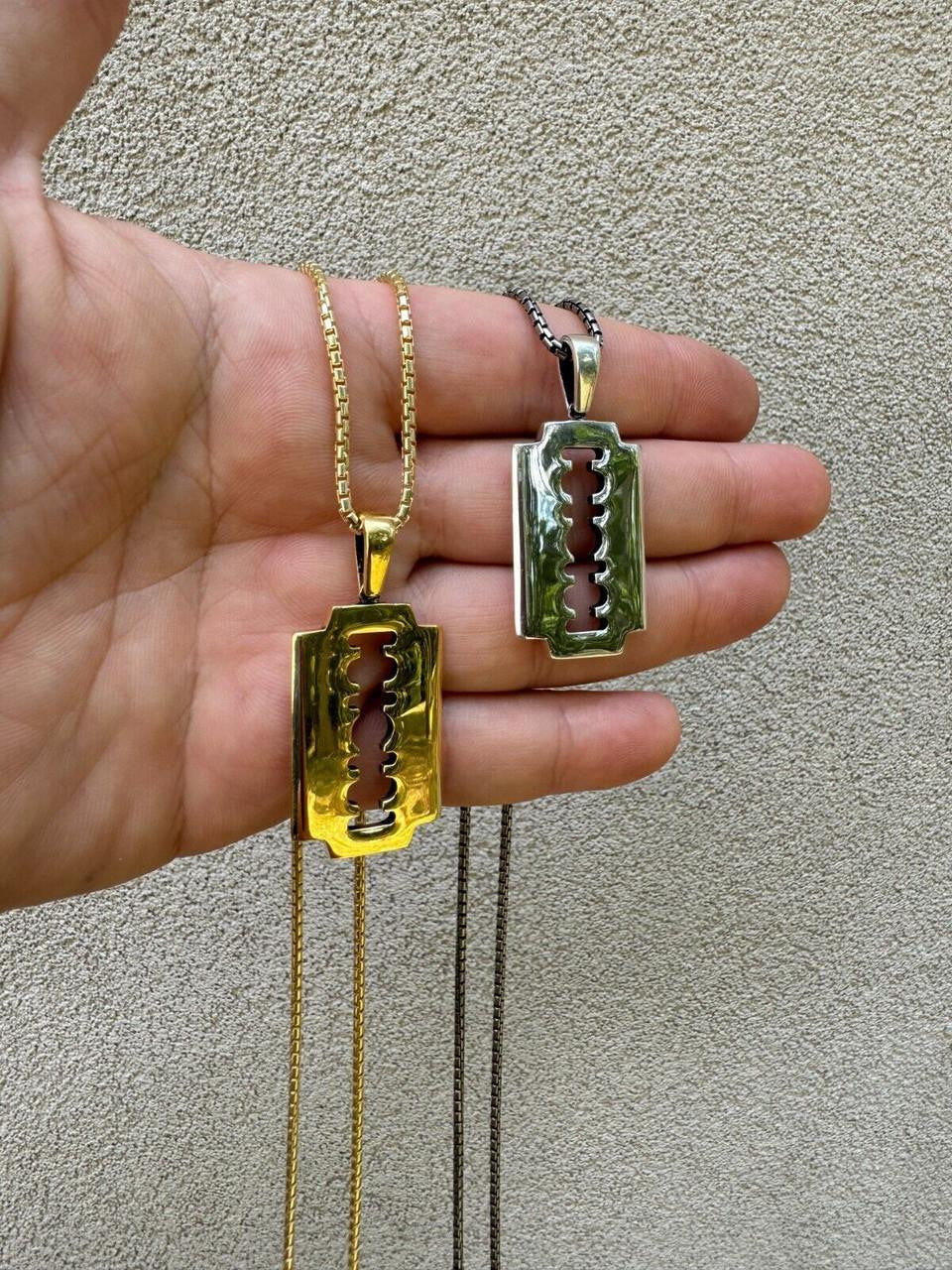Razor Blade Emo Pendant - 14k Gold Vermeil Or 925 Silver - Medium 2"