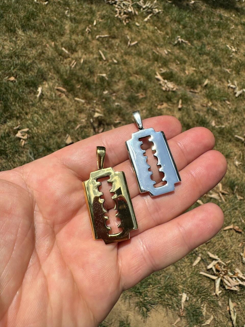Razor Blade Emo Pendant - 14k Gold Vermeil Or 925 Silver - Medium 2"