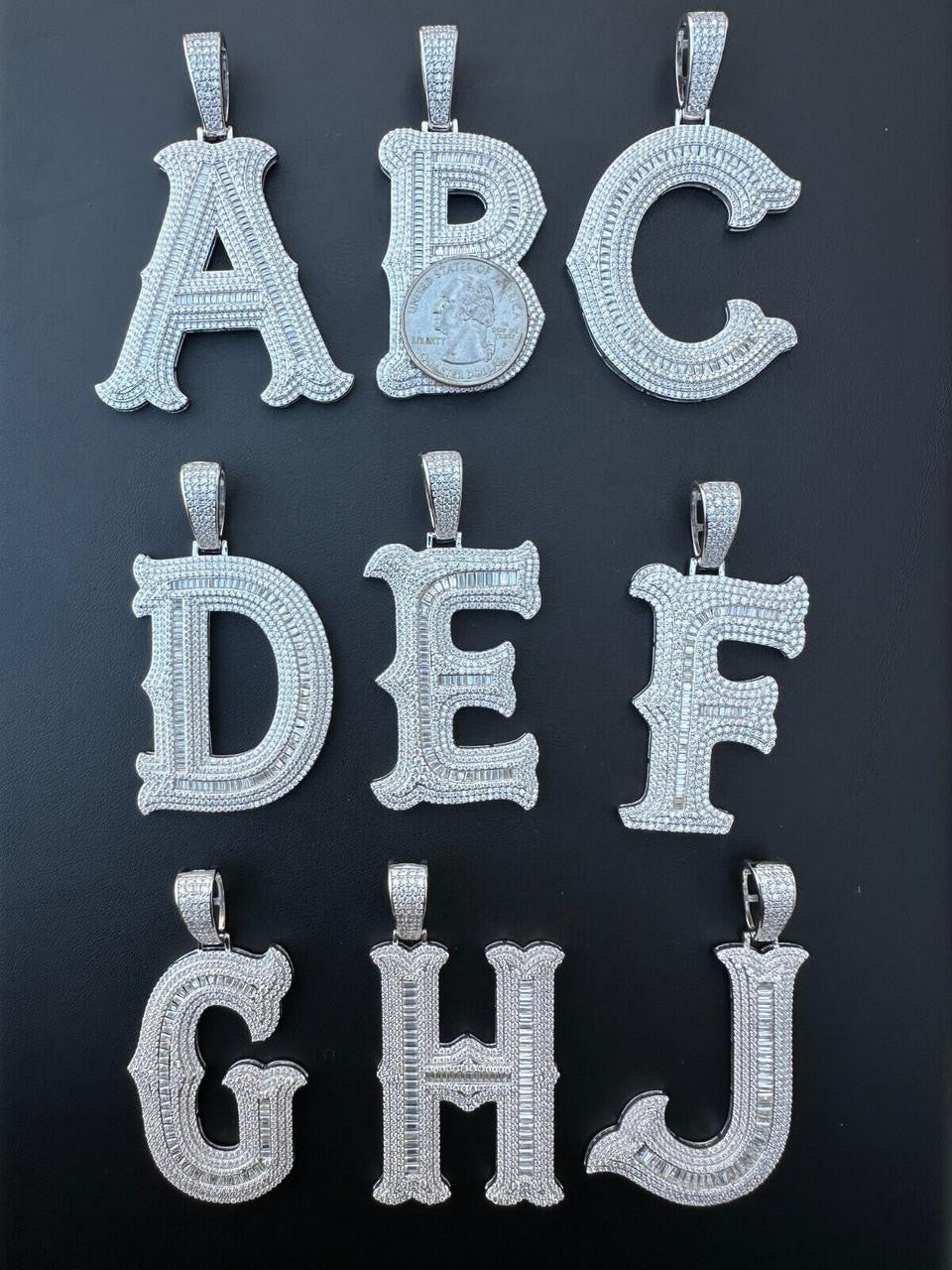 MOISSANITE A - Z Initials Gothic Letter Iced Out Pendant - 925 Silver - Large 2.75"