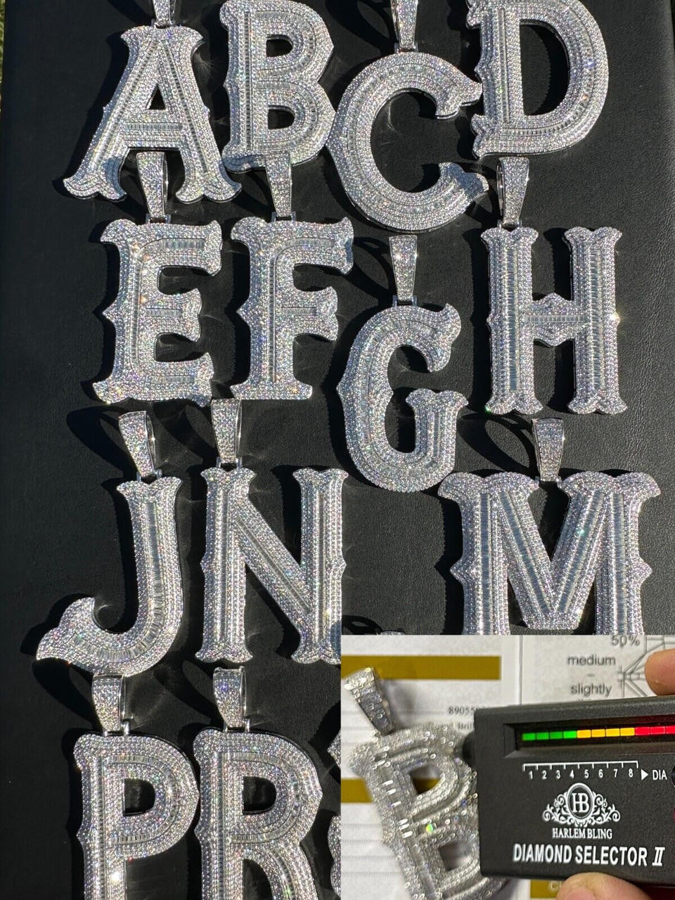 MOISSANITE A - Z Initials Gothic Letter Iced Out Pendant - 925 Silver - Large 2.75"
