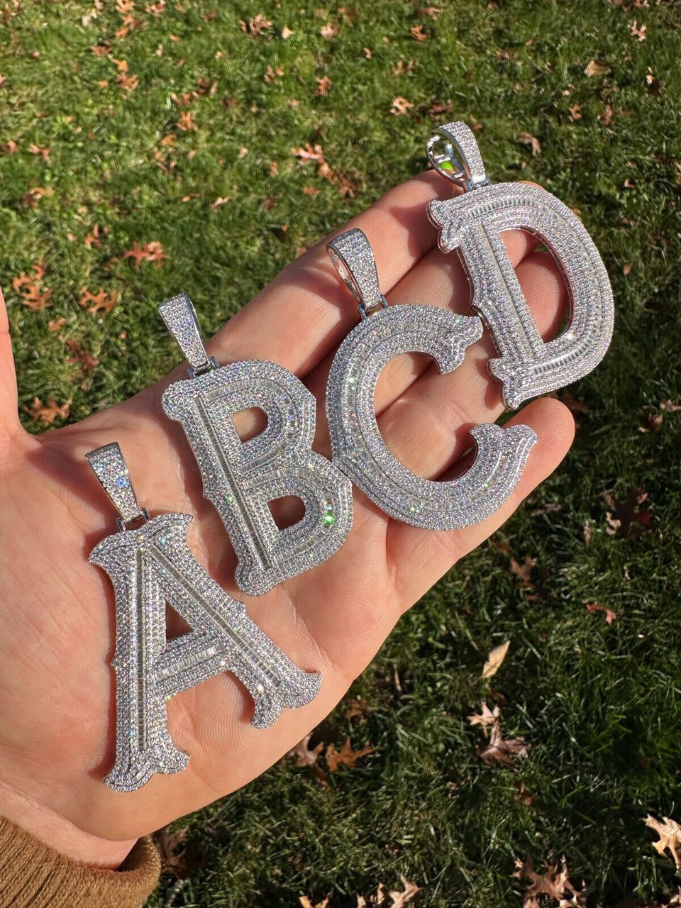 MOISSANITE A - Z Initials Gothic Letter Iced Out Pendant - 925 Silver - Large 2.75"