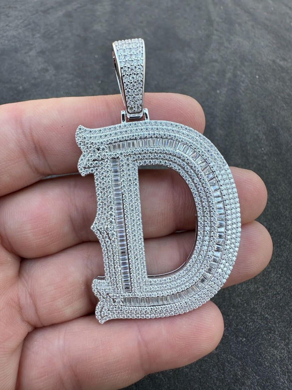 MOISSANITE A - Z Initials Gothic Letter Iced Out Pendant - 925 Silver - Large 2.75"