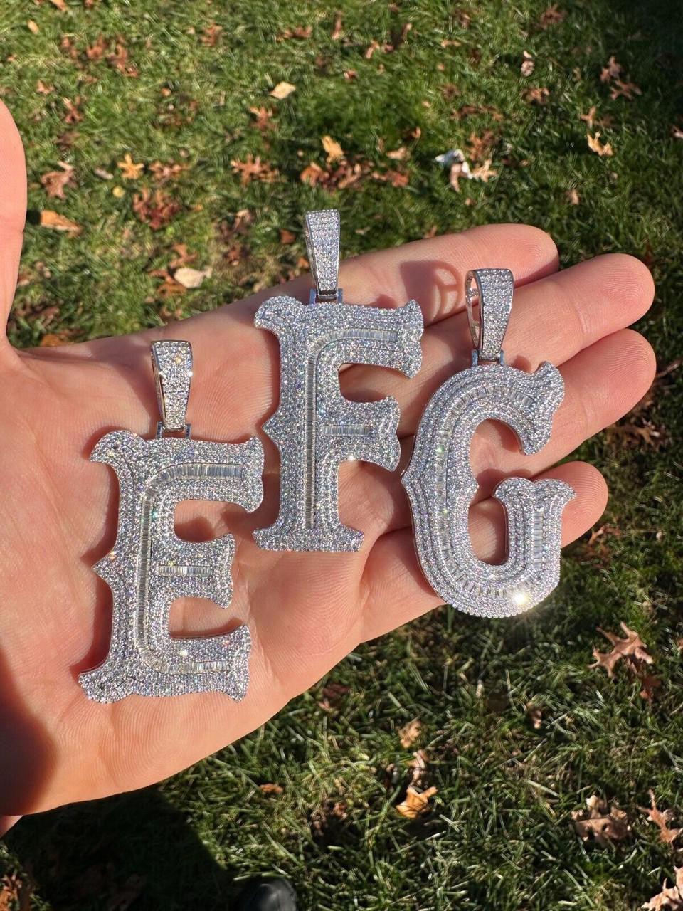 MOISSANITE A - Z Initials Gothic Letter Iced Out Pendant - 925 Silver - Large 2.75"