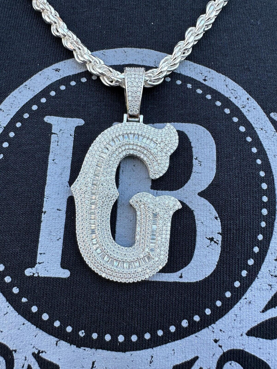 MOISSANITE A - Z Initials Gothic Letter Iced Out Pendant - 925 Silver - Large 2.75"