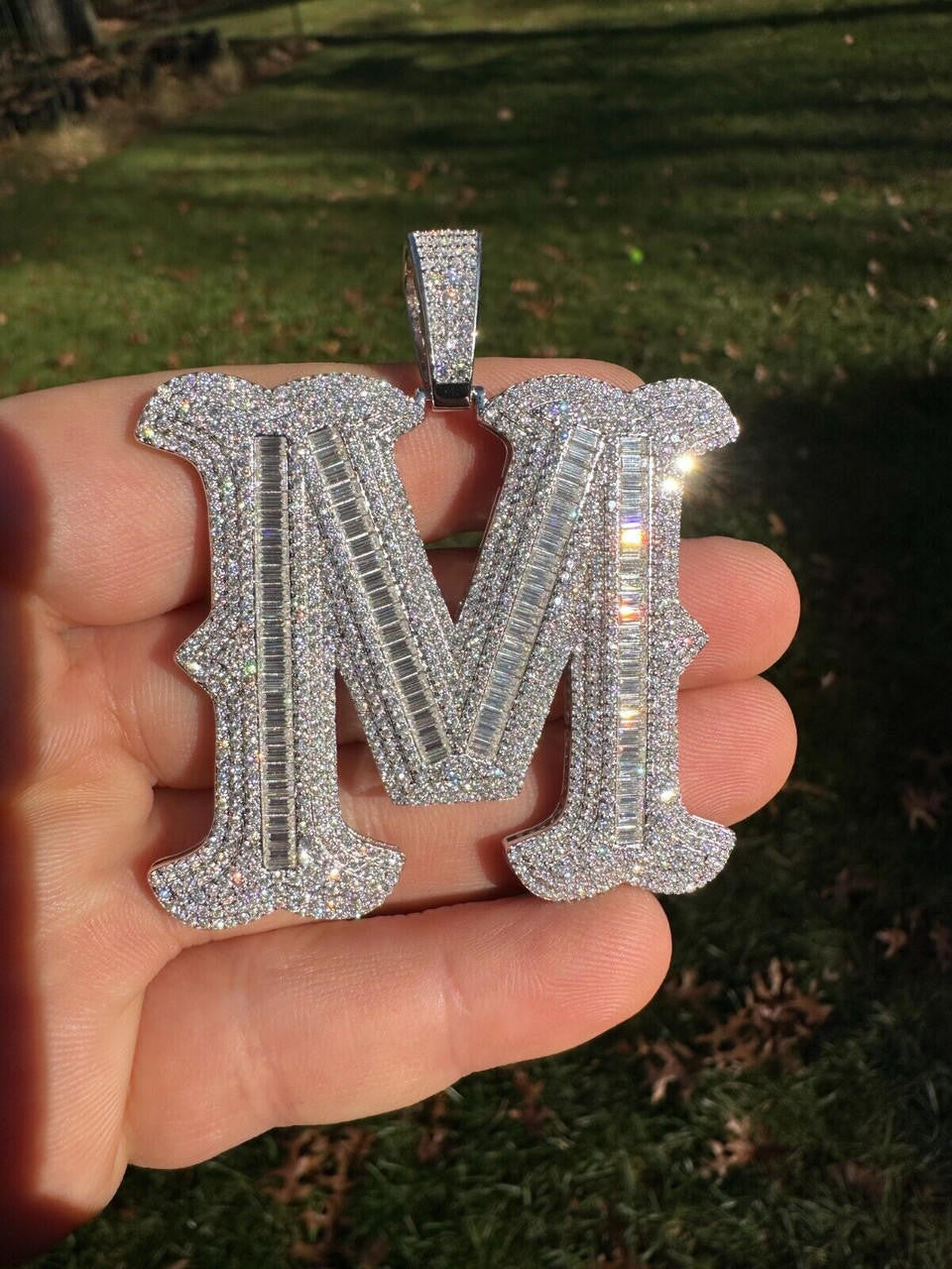 MOISSANITE A - Z Initials Gothic Letter Iced Out Pendant - 925 Silver - Large 2.75"