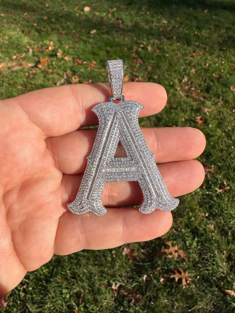 MOISSANITE A - Z Initials Gothic Letter Iced Out Pendant - 925 Silver - Large 2.75"