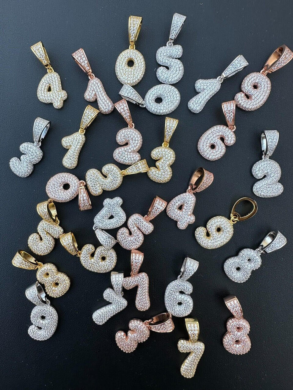 0-9 Bubble Numbers Iced Out Pendant - 14k Yellow/Rose Gold Vermeil Or 925 Silver - CZ Stones - Small 1"