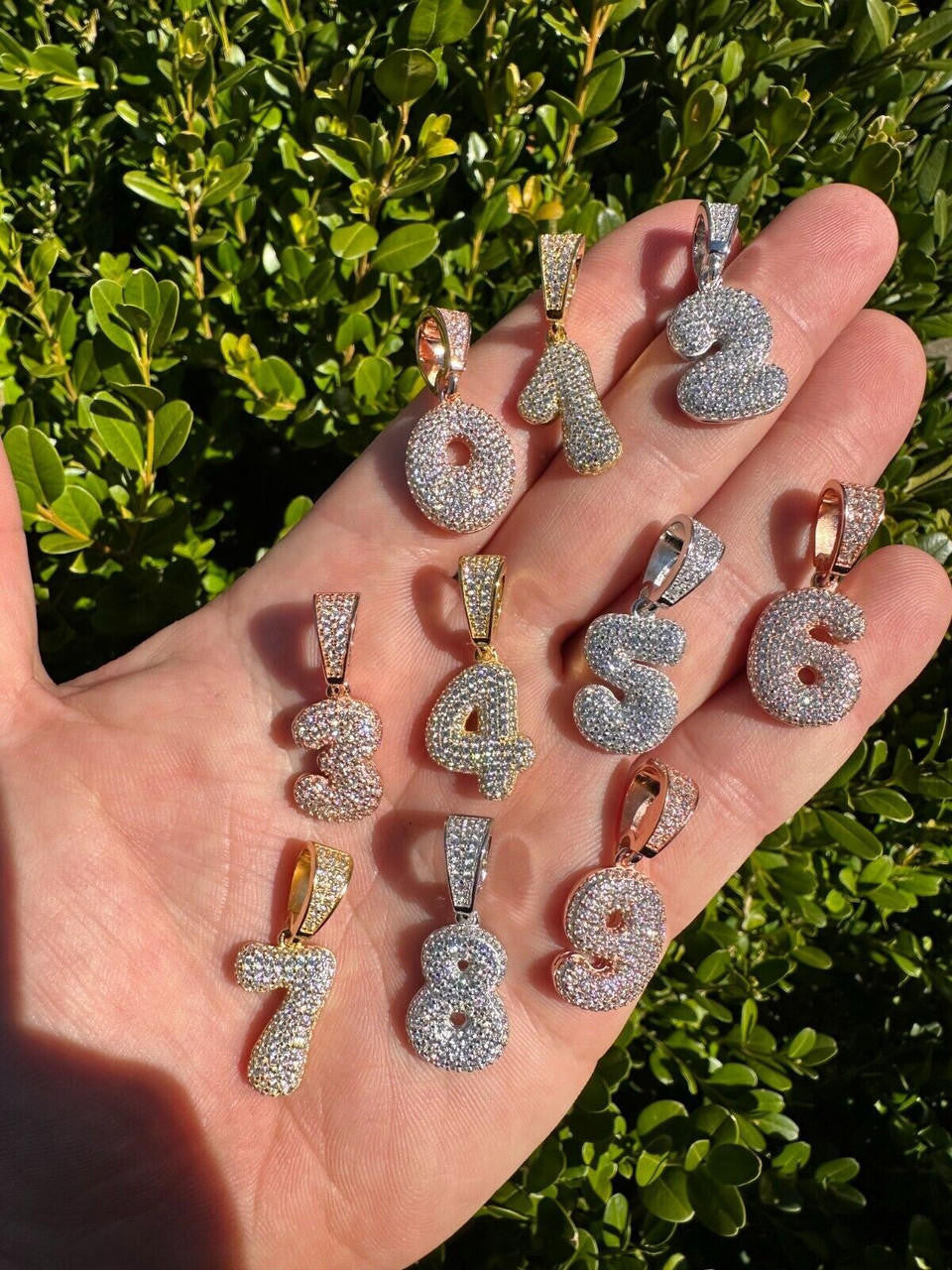0-9 Bubble Numbers Iced Out Pendant - 14k Yellow/Rose Gold Vermeil Or 925 Silver - CZ Stones - Small 1"