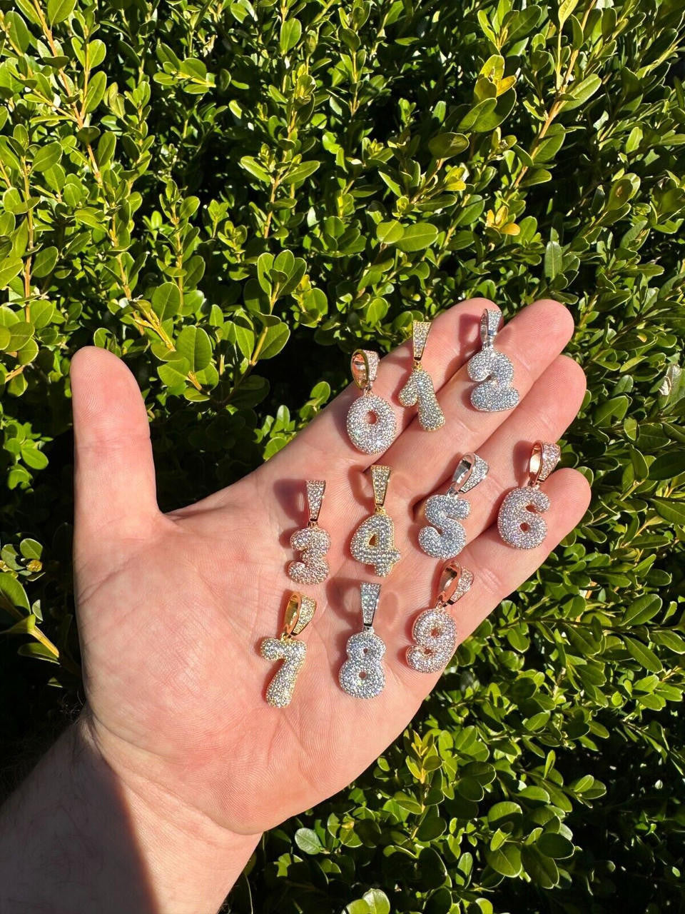 0-9 Bubble Numbers Iced Out Pendant - 14k Yellow/Rose Gold Vermeil Or 925 Silver - CZ Stones - Small 1"