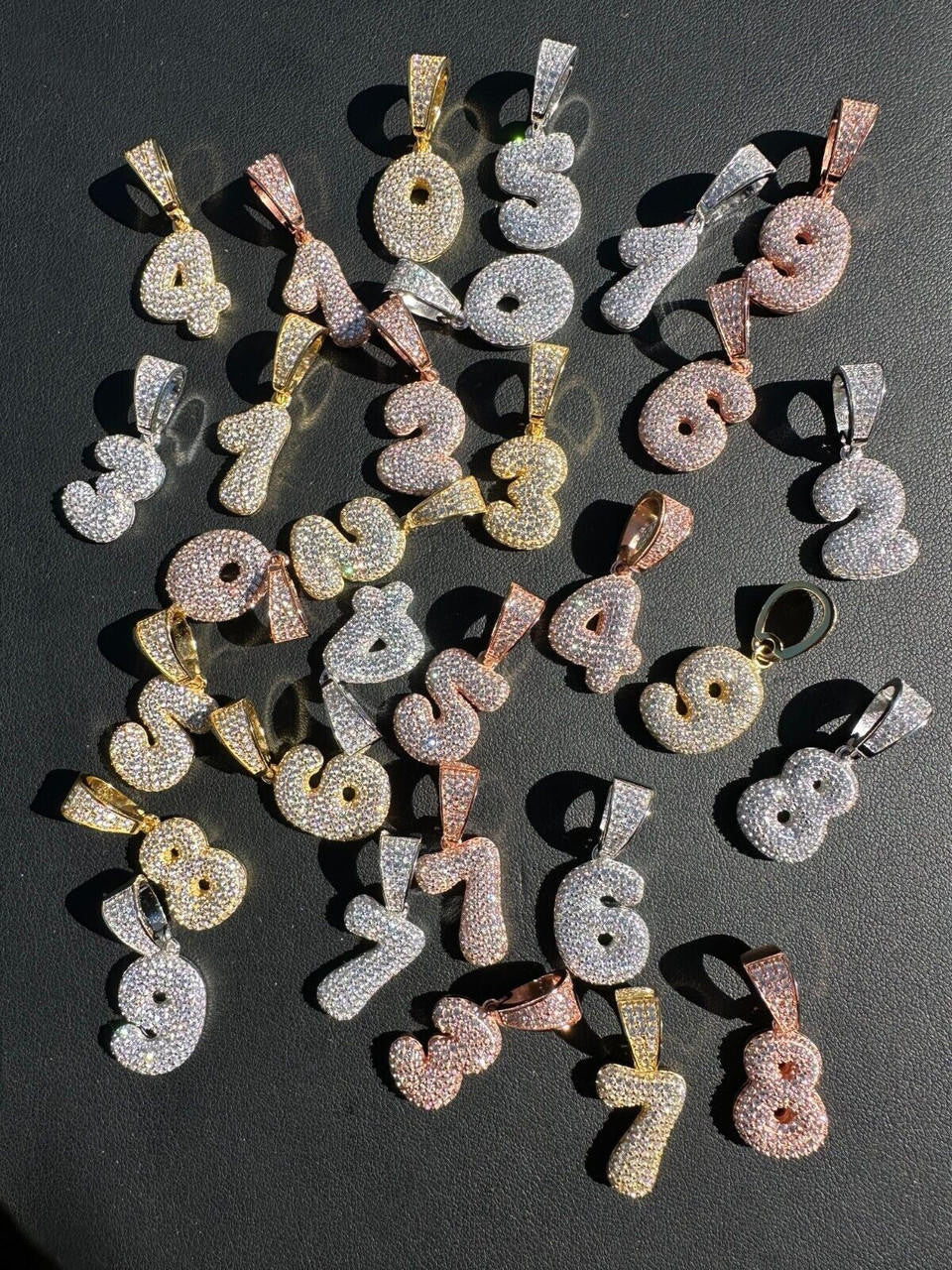 0-9 Bubble Numbers Iced Out Pendant - 14k Yellow/Rose Gold Vermeil Or 925 Silver - CZ Stones - Small 1"