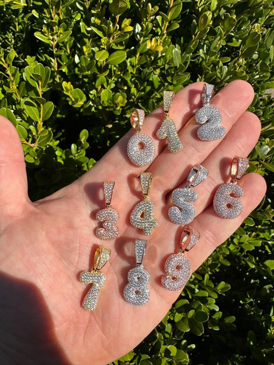 0-9 Bubble Numbers Iced Out Pendant - 14k Yellow/Rose Gold Vermeil Or 925 Silver - CZ Stones - Small 1"