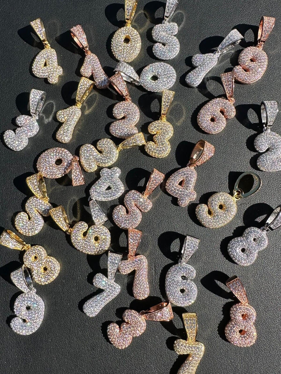 0-9 Bubble Numbers Iced Out Pendant - 14k Yellow/Rose Gold Vermeil Or 925 Silver - CZ Stones - Small 1"