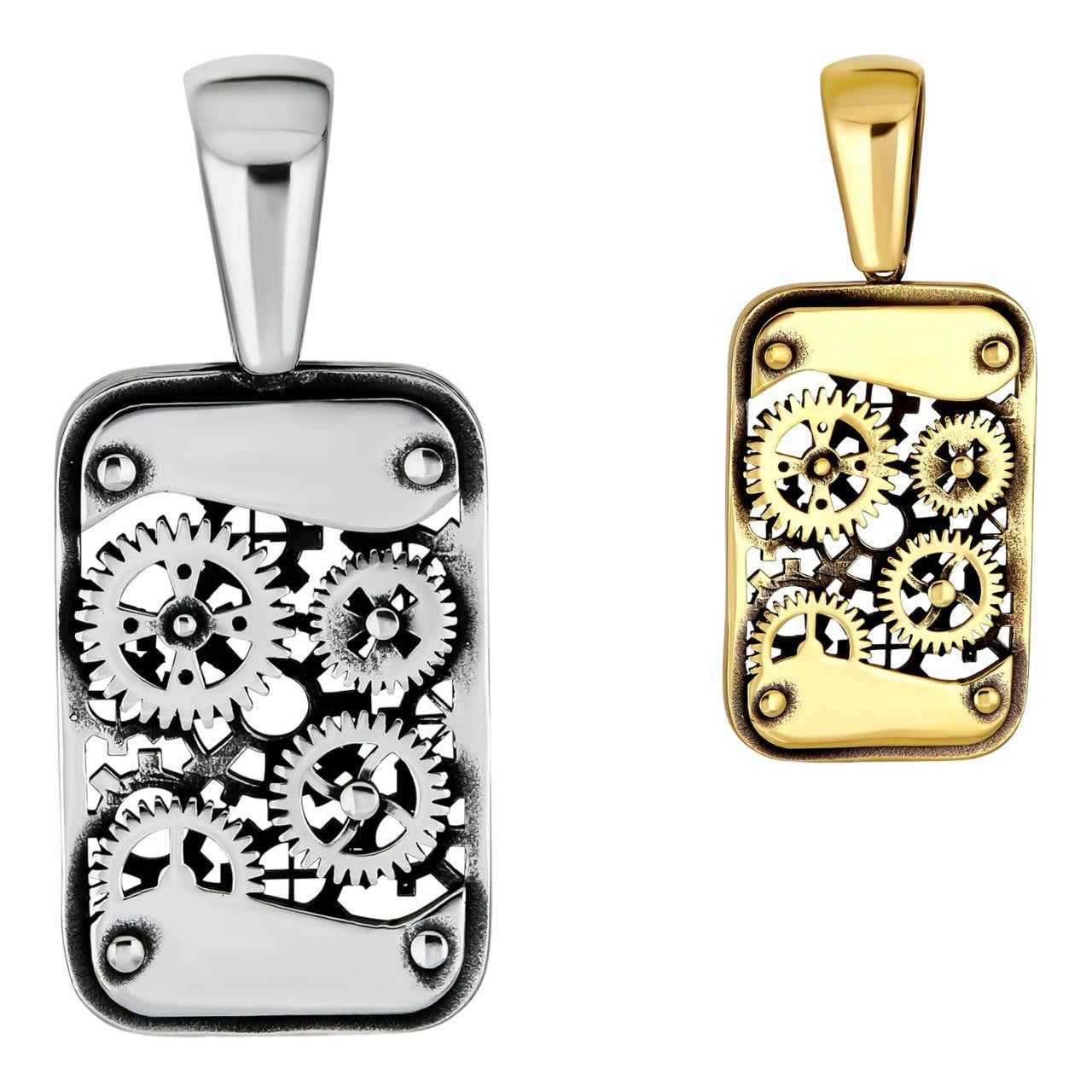 Steampunk Gears Dog Tag Pendant - 14k Gold Vermeil Or Oxidized 925 Silver - Medium 2"