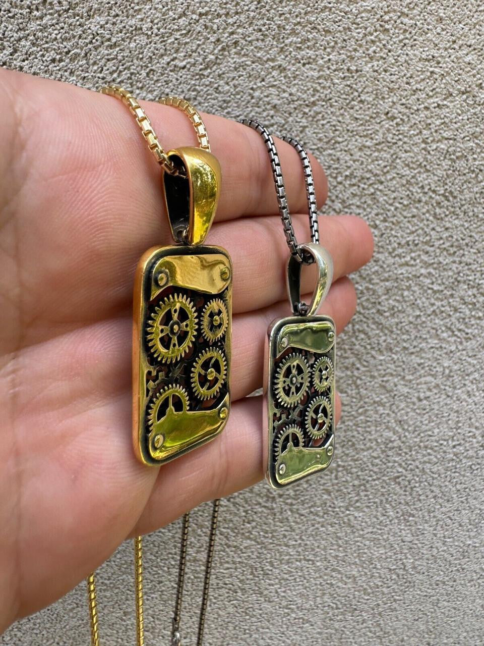 Steampunk Gears Dog Tag Pendant - 14k Gold Vermeil Or Oxidized 925 Silver - Medium 2"