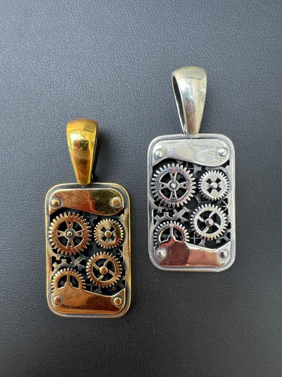 Steampunk Gears Dog Tag Pendant - 14k Gold Vermeil Or Oxidized 925 Silver - Medium 2"