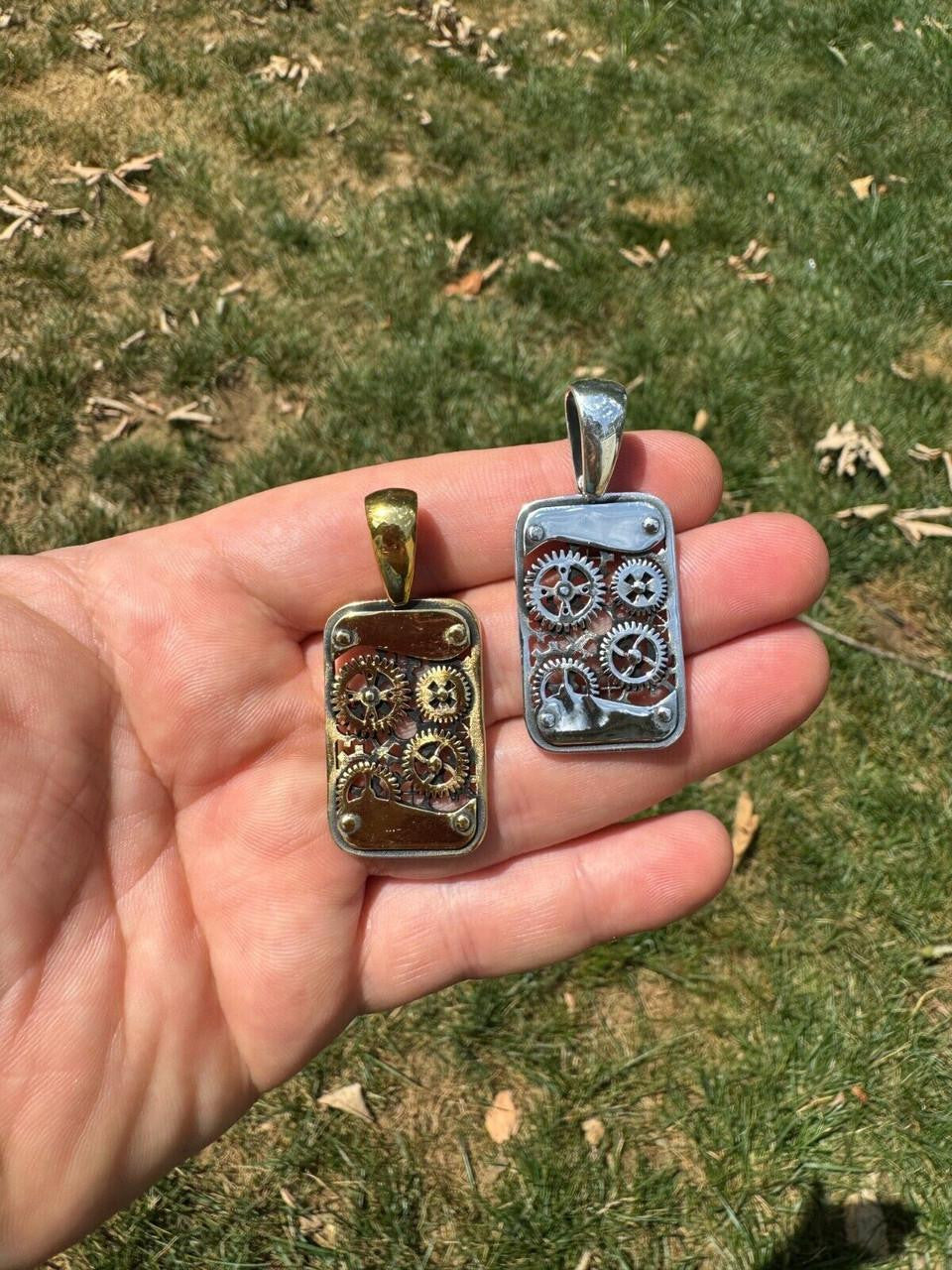 Steampunk Gears Dog Tag Pendant - 14k Gold Vermeil Or Oxidized 925 Silver - Medium 2"