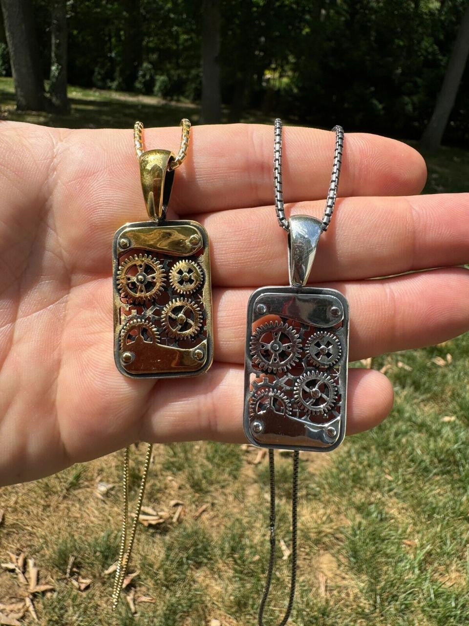 Steampunk Gears Dog Tag Pendant - 14k Gold Vermeil Or Oxidized 925 Silver - Medium 2"
