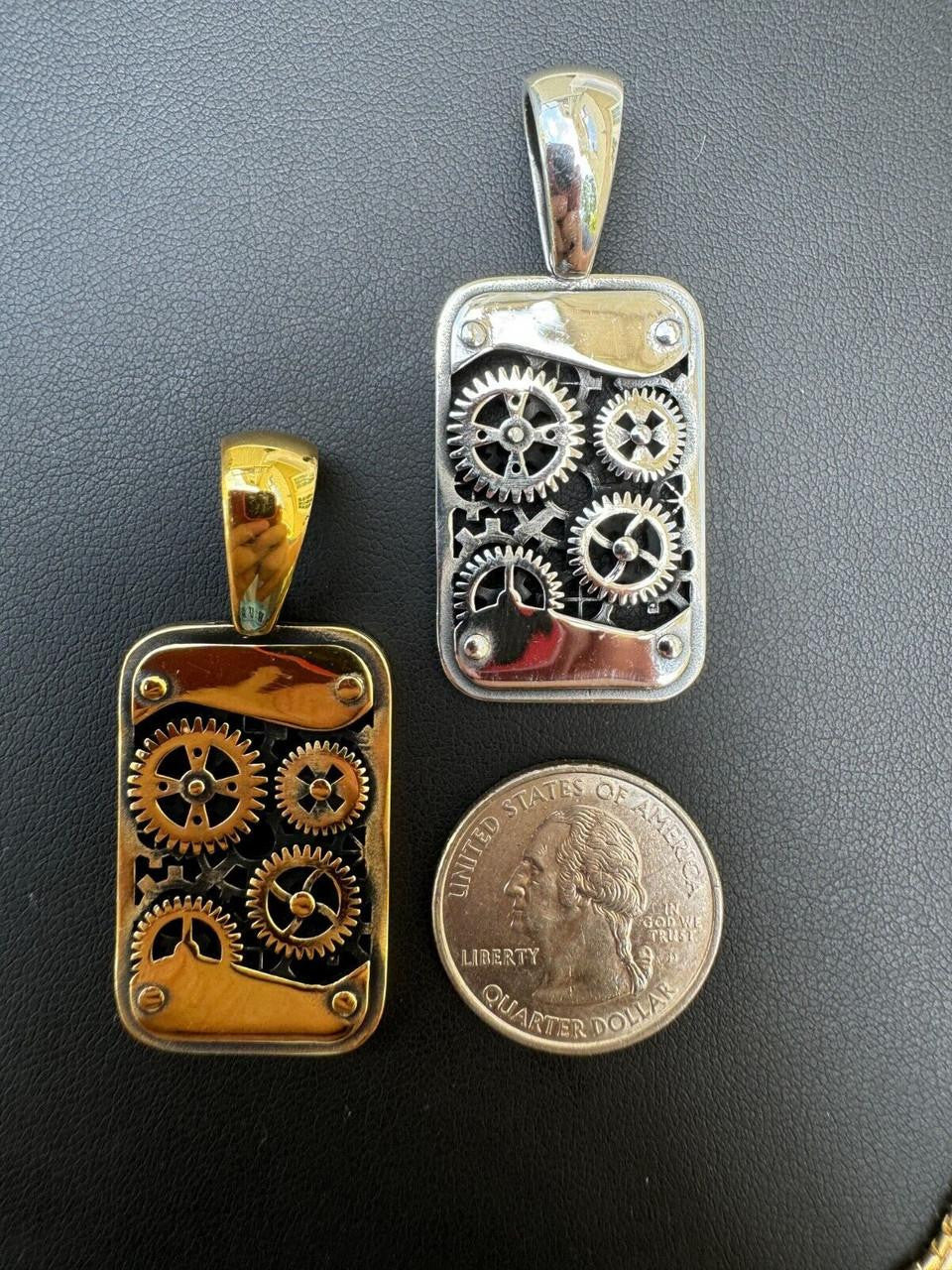 Steampunk Gears Dog Tag Pendant - 14k Gold Vermeil Or Oxidized 925 Silver - Medium 2"