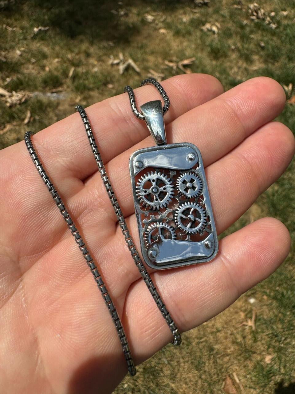 Steampunk Gears Dog Tag Pendant - 14k Gold Vermeil Or Oxidized 925 Silver - Medium 2"