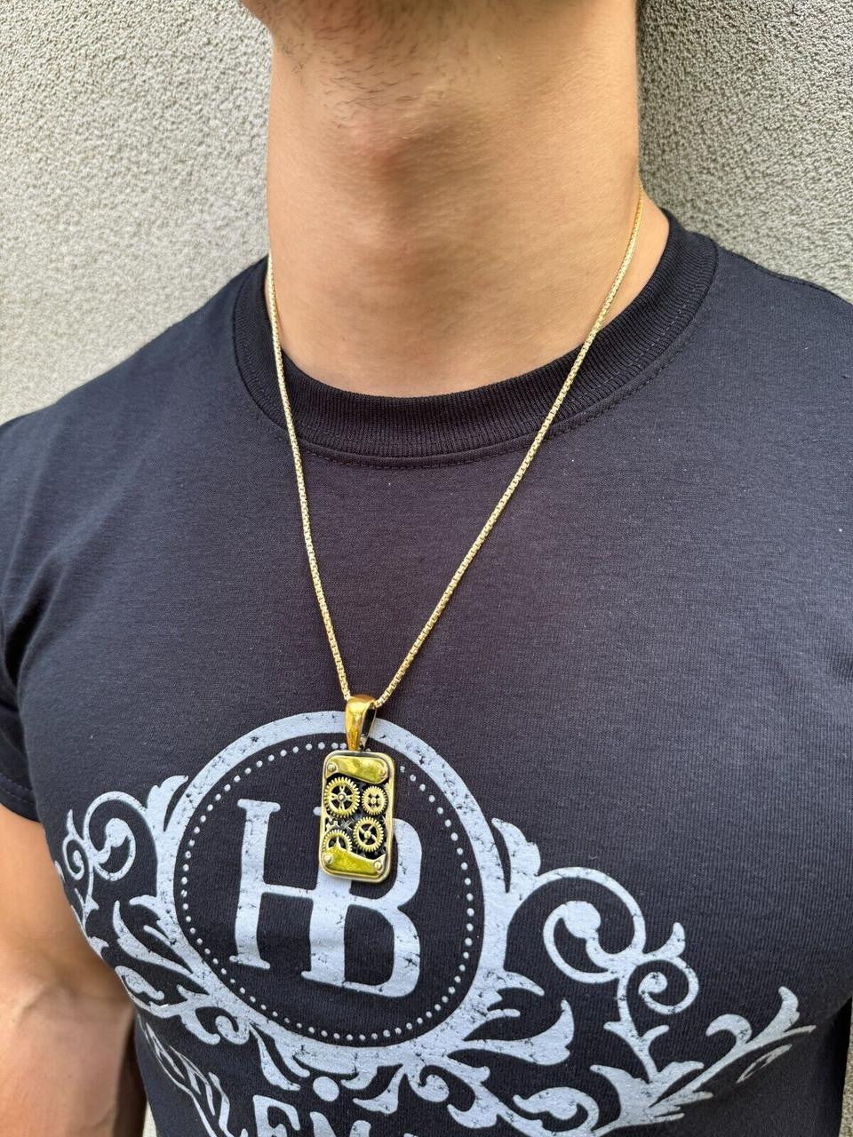 Steampunk Gears Dog Tag Pendant - 14k Gold Vermeil Or Oxidized 925 Silver - Medium 2"