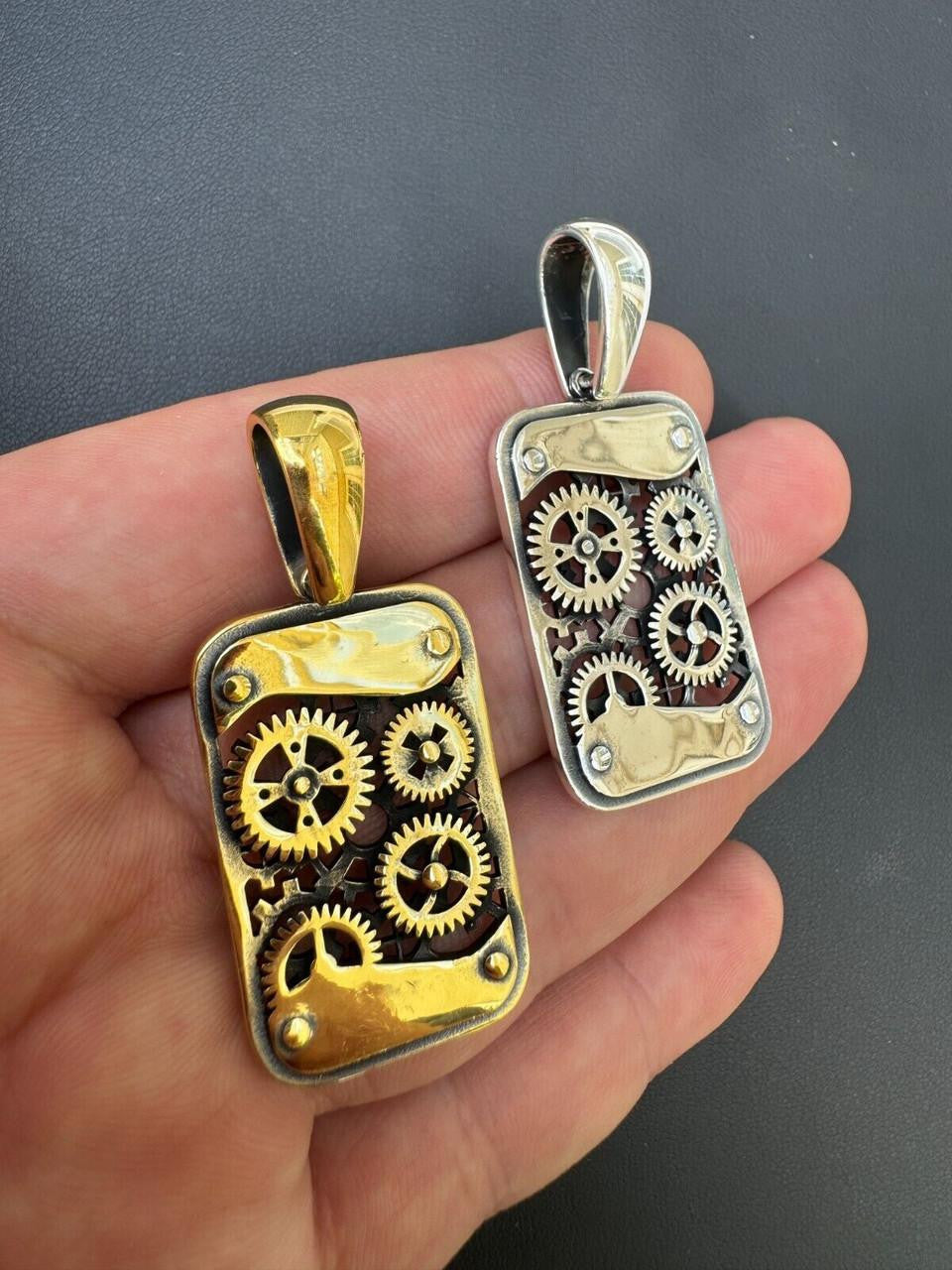 Steampunk Gears Dog Tag Pendant - 14k Gold Vermeil Or Oxidized 925 Silver - Medium 2"