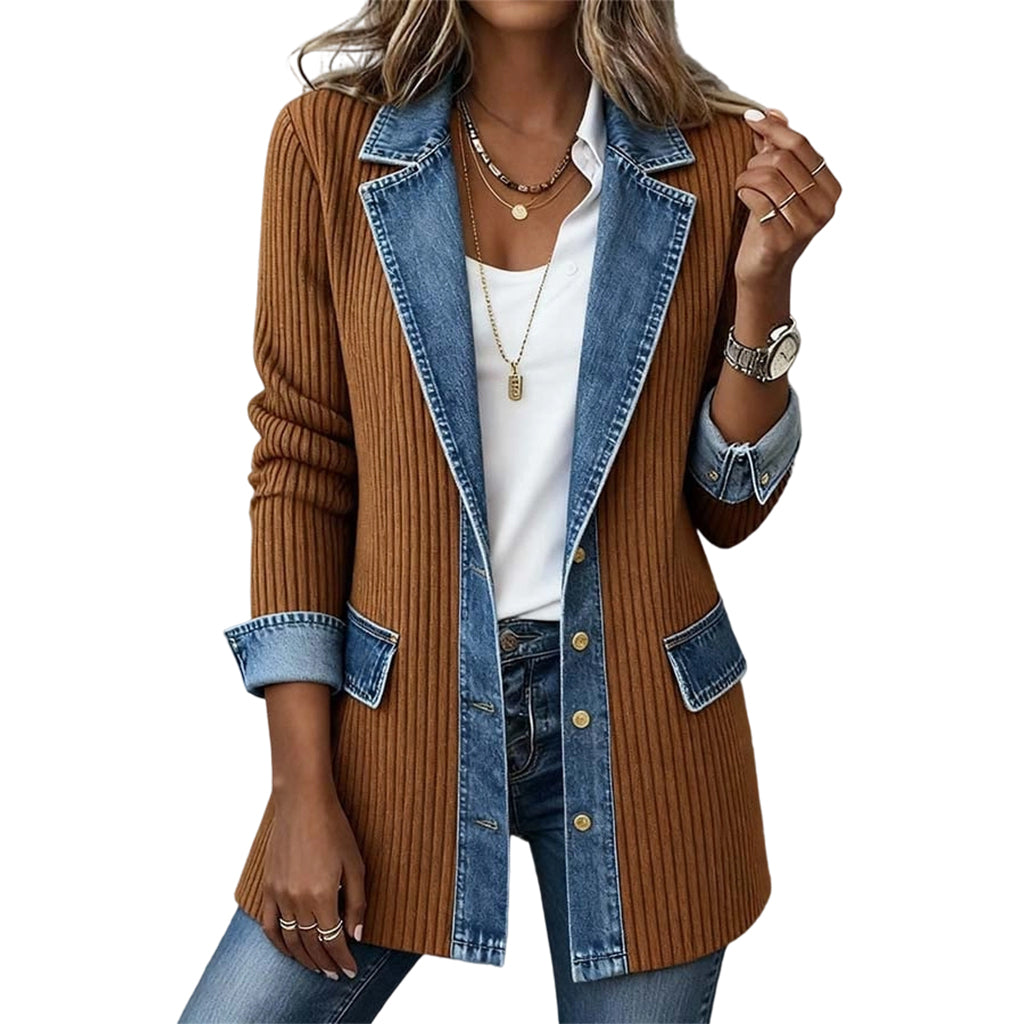 Abrigo elegante de punto acanalado para mujer con paneles de denim