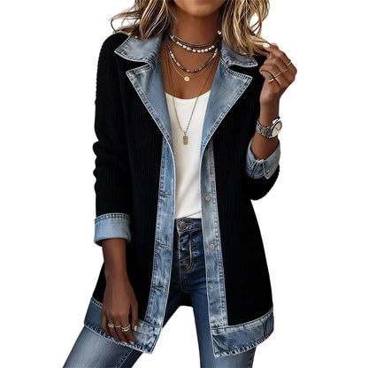 Abrigo elegante de punto acanalado para mujer con paneles de denim