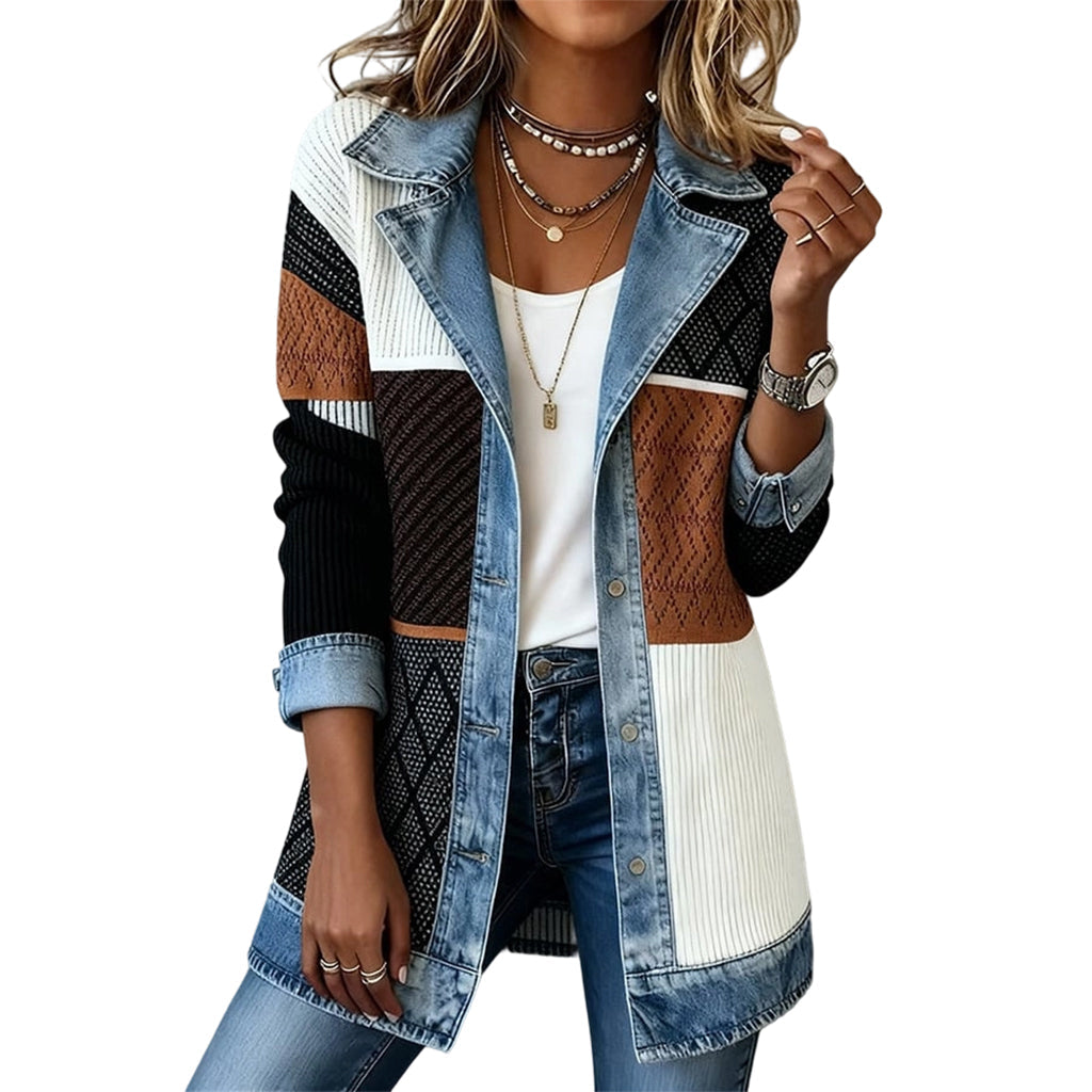Abrigo elegante de punto acanalado para mujer con paneles de denim