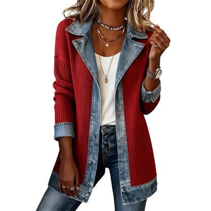 Abrigo elegante de punto acanalado para mujer con paneles de denim