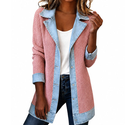 Abrigo elegante de punto acanalado para mujer con paneles de denim